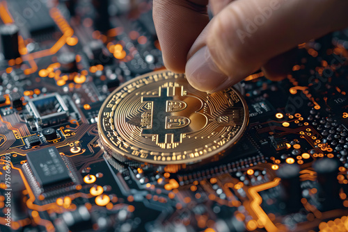 The Intersection of Finance and Technology: Hand Placing Bitcoin on Circuit Board
