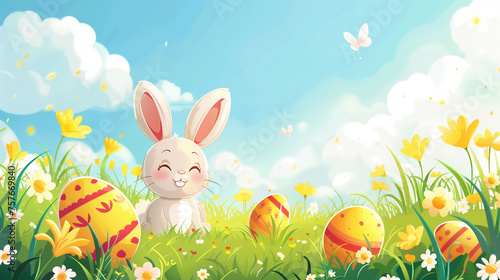 Funny Easter Bunny cartoon background, Traditional Easter Bunny rabbit with colorful Easter eggs. colorful eggs, bunny, and rabbit. Animal wildlife holiday cartoon character. Vector