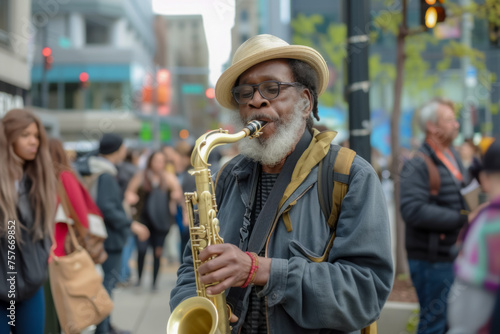 Street Musician Sharing the Rhythms of Soul with His Saxophone in a Bustling City