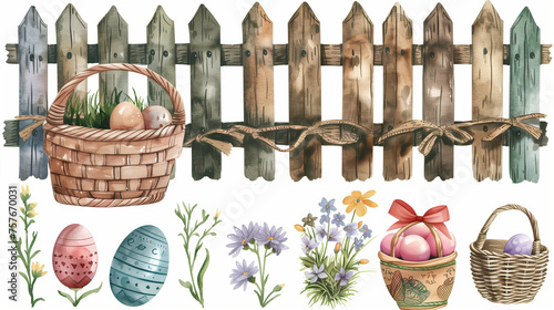 Easter Bunny Clip Art, Watercolor Easter elements: Easter bunnies, eggs, wooden fence, basket with spring flowers and eggs, white background