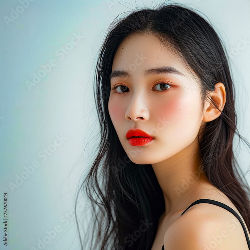 lifestyle photo Young Asian beauty woman model long hair with korean makeup style on face and perfect skin on white background.