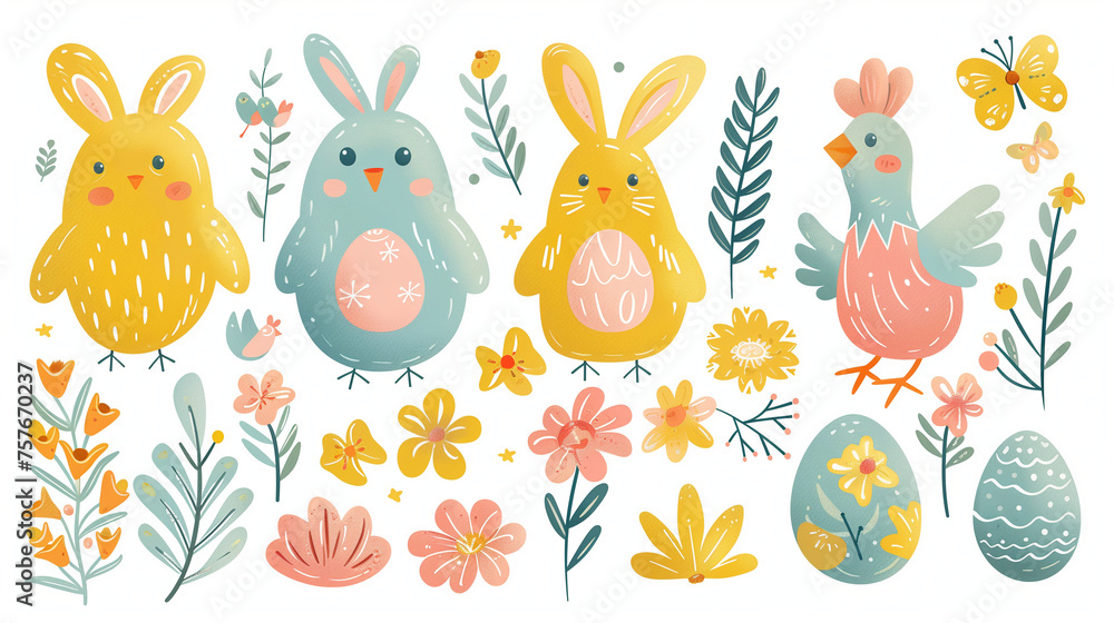 Easter Bunny background, set of Easter Bunny rabbit with colorful Easter eggs vector illustration, funny abstract background, Happy Easter. Set of little cute rabbits., basket, bunny, chicken - obrazy, fototapety, plakaty 