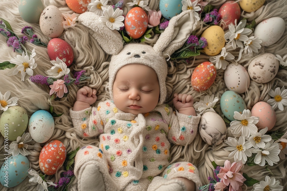 Easter Joy Unfolded: Little One Dressed as a Bunny Surrounded by a Rainbow of Eggs and Fresh Spring Florals
