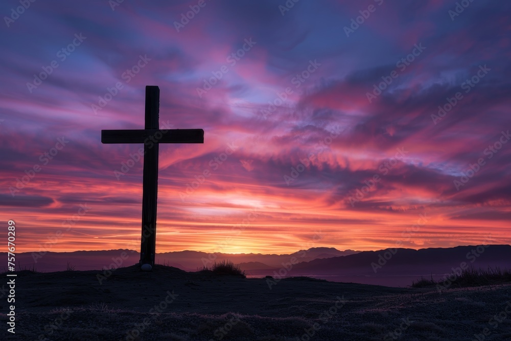 The Dawn of Easter: A Peaceful Morning with a Wooden Cross Against the New Day's Light