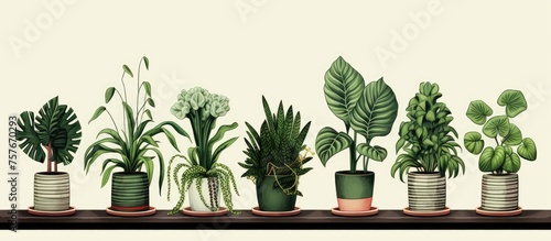 A collection of various houseplants in flowerpots displayed on a shelf against a white background, creating a beautiful indoor landscape with a touch of nature