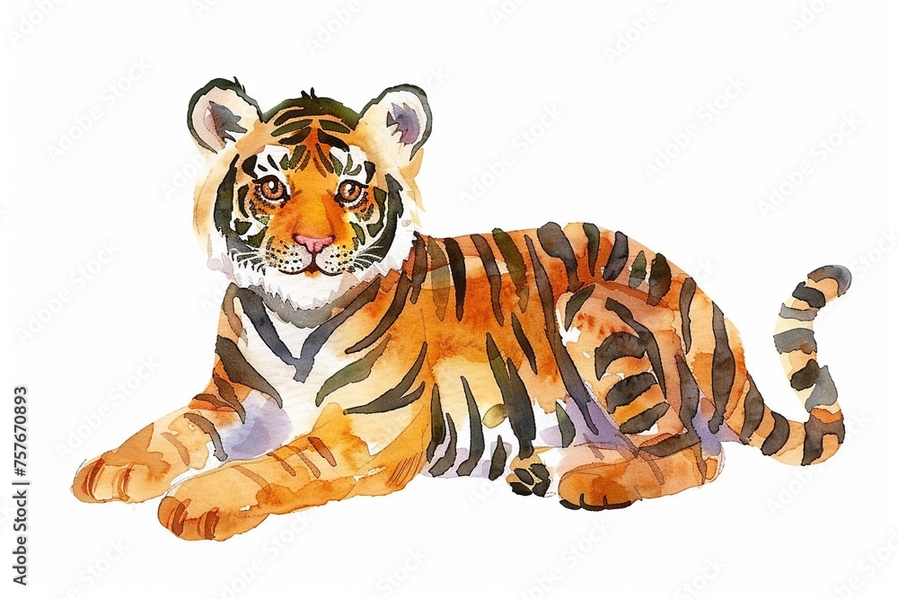 A Tiger cute hand draw watercolor white background. Cute animal vocabulary for kindergarten children concept.