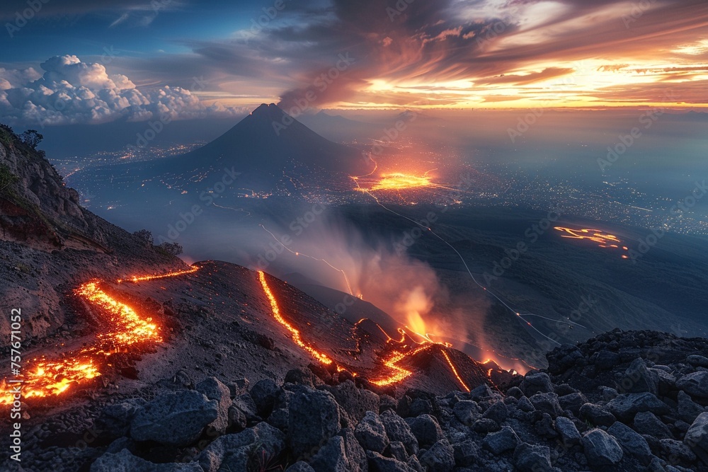 Long exposure beautiful high angle view landscape photography of  Acatenango Volcano