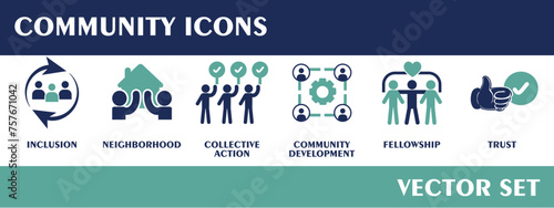 Community icons. Containing inclusion, neighborhood, collective action, community development, fellowship, trust.  Flat Design Vector Set.