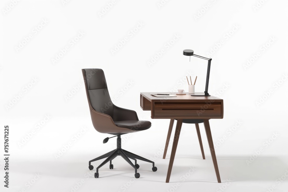 Fototapeta premium 3D Render of a functional desk with a comfortable chair, perfect for a home office or study area, on isolated white background, Generative AI