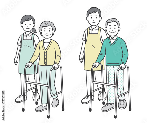 歩行器の高齢女性と高齢男性介助ををする人物イラスト