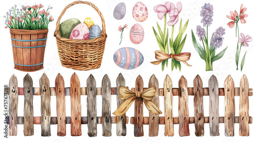 Easter Bunny Clip Art, Watercolor Easter elements: Easter bunnies, eggs, wooden fence, basket with spring flowers and eggs, bow vector Clip art for Easter design.
