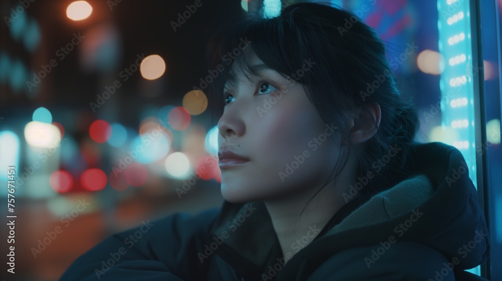 Close up shot of an asian woman waiting in a bus stop at night. Close up shot of an asian woman waiting in a bus stop at night.