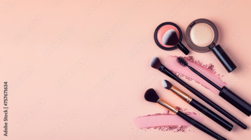 Banner-ready fashion and beauty blog format with top-view makeup products on peach background, plenty of copy space Banner-ready fashion and beauty blog format with top-view makeup products on peach background, plenty of copy space