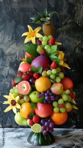 A whimsical bouquet made entirely of fruits styled as a gift of health and happiness