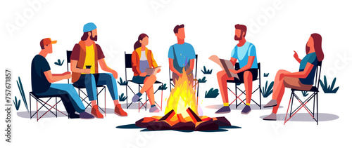 hikers sitting near campfire hiking camping concept people spend time at night summer camp in forest friends company on vacation