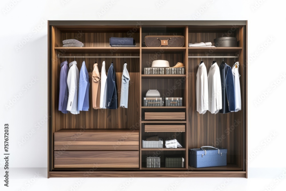 3D Render of a spacious wardrobe with sliding doors, providing ample storage for clothing and accessories, on isolated white background, Generative AI
