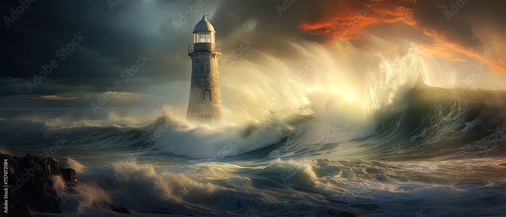 Stormy Seas Crashing Near Lighthouse Artwork