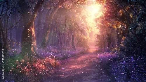 morning fantasy background in a forest. path through the woods magical fantasy forest at sunrise. seamless looping overlay 4k virtual video animation background photo