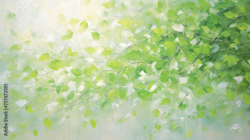 A serene view of light shining through vibrant green leaves on delicate tree branches  depicting early summer or spring.