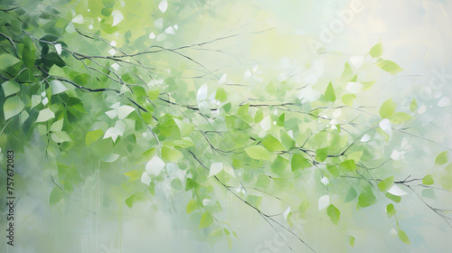 A serene view of light shining through vibrant green leaves on delicate tree branches, depicting early summer or spring.