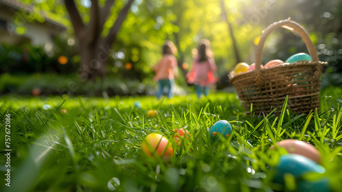 Kids on Easter egg hunt in blooming spring garden with blur background. Children searching for colorful eggs in flower meadow, family at Easter in the garden 