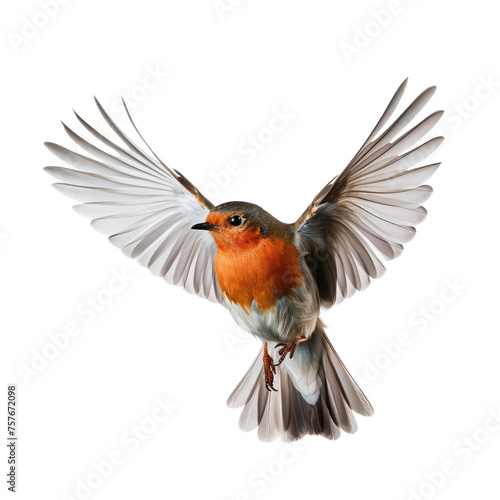 Robin in Flight Isolated on White Background © Tony A
