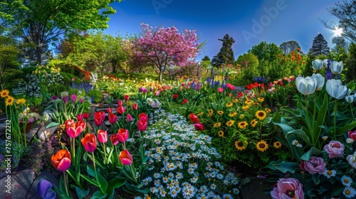 Colorful Summer Flora Panorama in Botanical Garden
