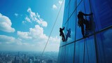 Professional climber rope access workers cleaning glass in tall building.