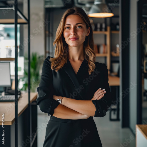 lifestyle photo Successful business woman standing in modern office.