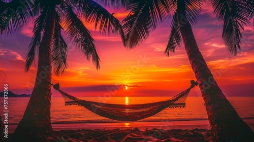 Idyllic Sunset Relaxation in a Hammock AI Generated. © Newaystock