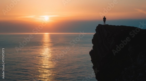 Serene Sunset Silhouette on Cliff Top Stock Photo