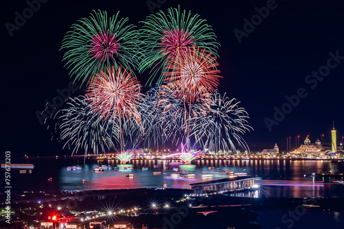 Colorful and glamorous high altitude fireworks of Chinese Valentine's Day sponsored annually by a local hotel at the estuary of Tamsui river in northern Taiwan