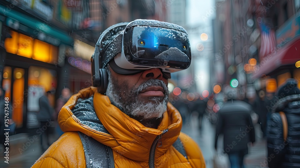 person in a street walking with VR glasses person in a street walking with VR glasses