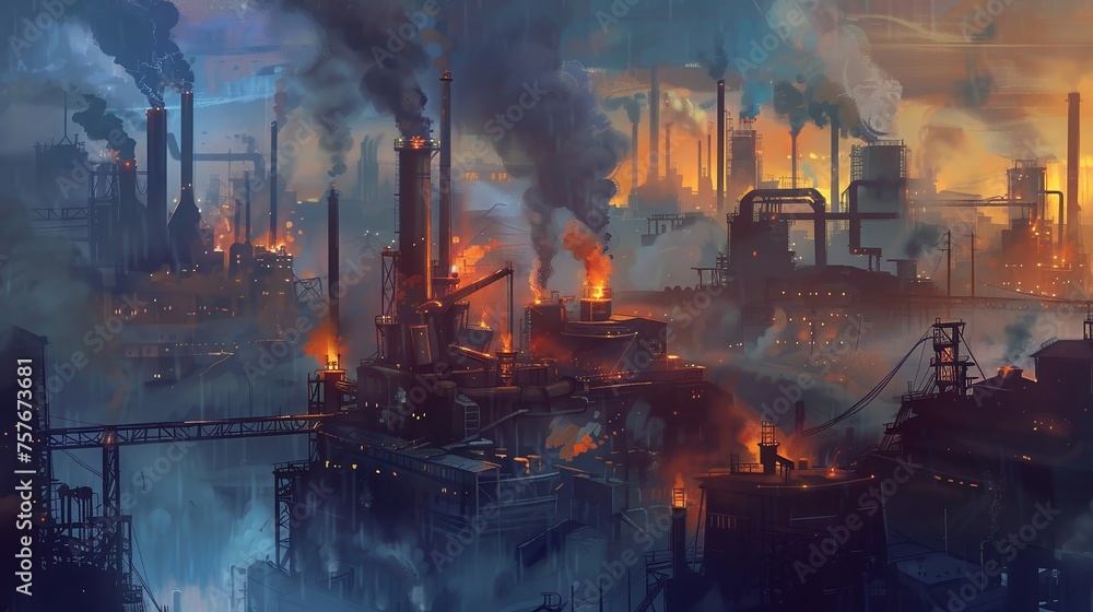 Depict a heavy factory with billowing smokestacks and glowing furnaces.
