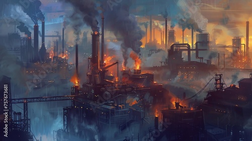 Depict a heavy factory with billowing smokestacks and glowing furnaces.