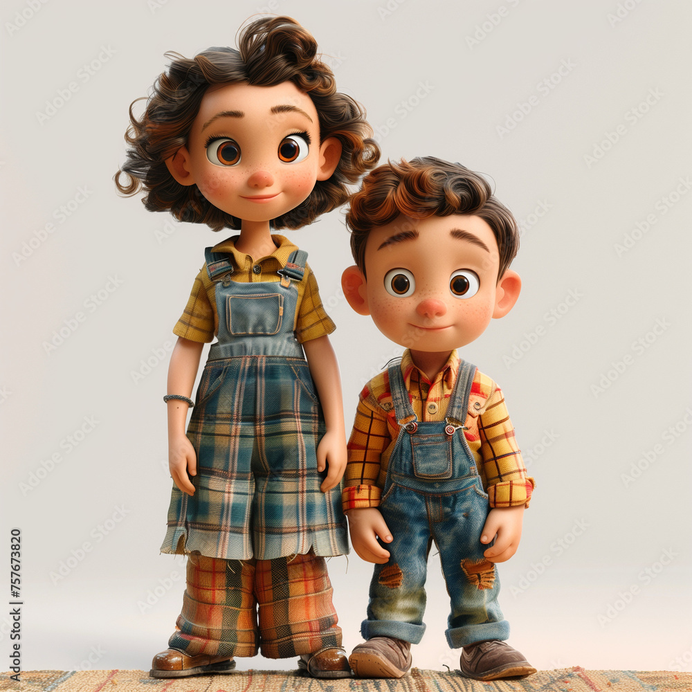 Drawing of happy cute brothers, boy and girl, with love and affection, big sister with younger brother, country clothes, plaid shirts with overalls, dark hair, big eyes, 3d illustration, full body Drawing of happy cute brothers, boy and girl, with love and affection, big sister with younger brother, country clothes, plaid shirts with overalls, dark hair, big eyes, 3d illustration, full body