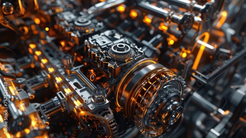 Background with gleaming metallic machines and gears.