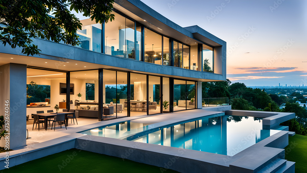 Modern design style luxury villa with outdoor swimming pool, high-end decoration and luxurious living

