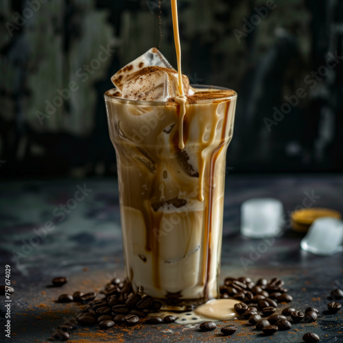 lifestyle photo Ice coffee in a tall glass with cream poured over, ice cubes and beans on a dark concrete table.