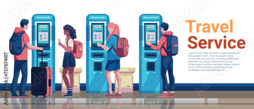 mix race passengers in arrival waiting room self check in at automatic machine or buying tickets in interactive terminal travel service concept