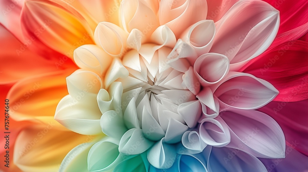 An abstract flower with a white centre that is coloured like the rainbow