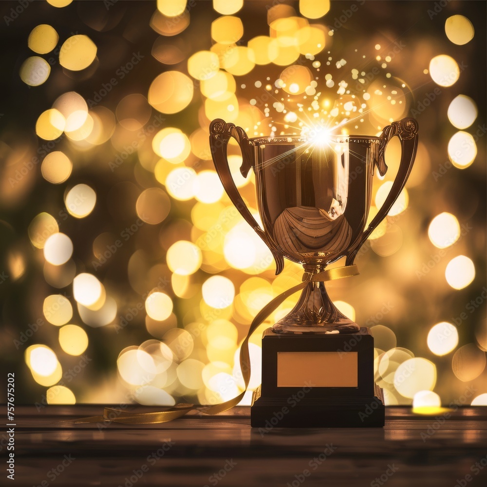 Trophy positioned in the foreground against a background filled with colorful bokeh Trophy positioned in the foreground against a background filled with colorful bokeh