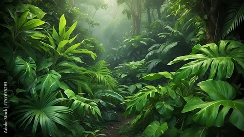 Tropical green leaves. Lush jungle background