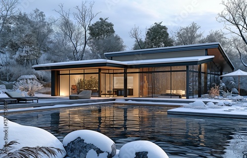 A conventional, classic, modern Japanese home with a Japanese garden during the winter, known as an onsen ryokan #757675440