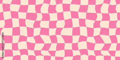 Seamless pink checkerboard pattern. Repeating distorted checkered texture. Groovy trippy abstract background. Vintage retro style wallpaper for textile, fabric, wrapping paper. Vector check surface