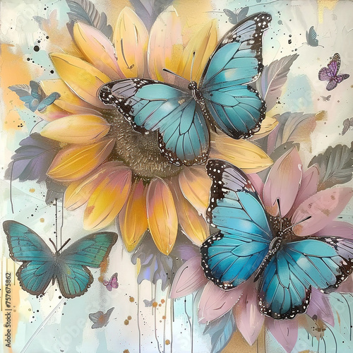 Pastel Sunflower   Butterflies