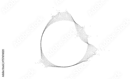 Black dotted wavy lines with dissolve effect. Stipple disintegrating curved circle. Halftone textured sphere with noise grain. Round grunge particles or speckles. Dot work bubble. Vector illustration