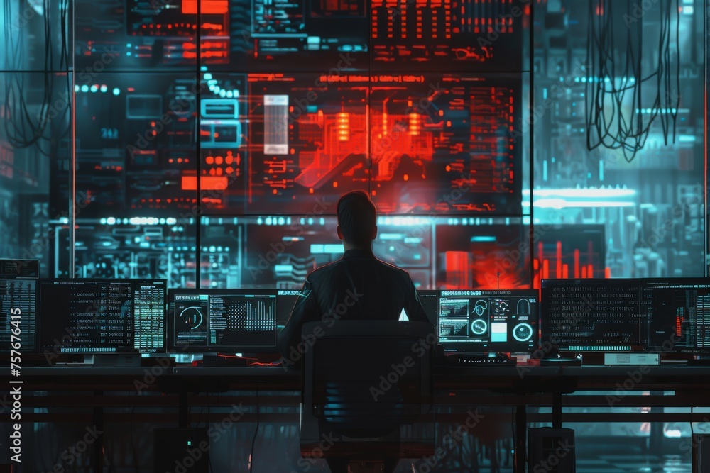 Digital Analyzing Data Center on Multiple Screens in a Modern Cybersecurity Lab Environment Digital Analyzing Data Center on Multiple Screens in a Modern Cybersecurity Lab Environment