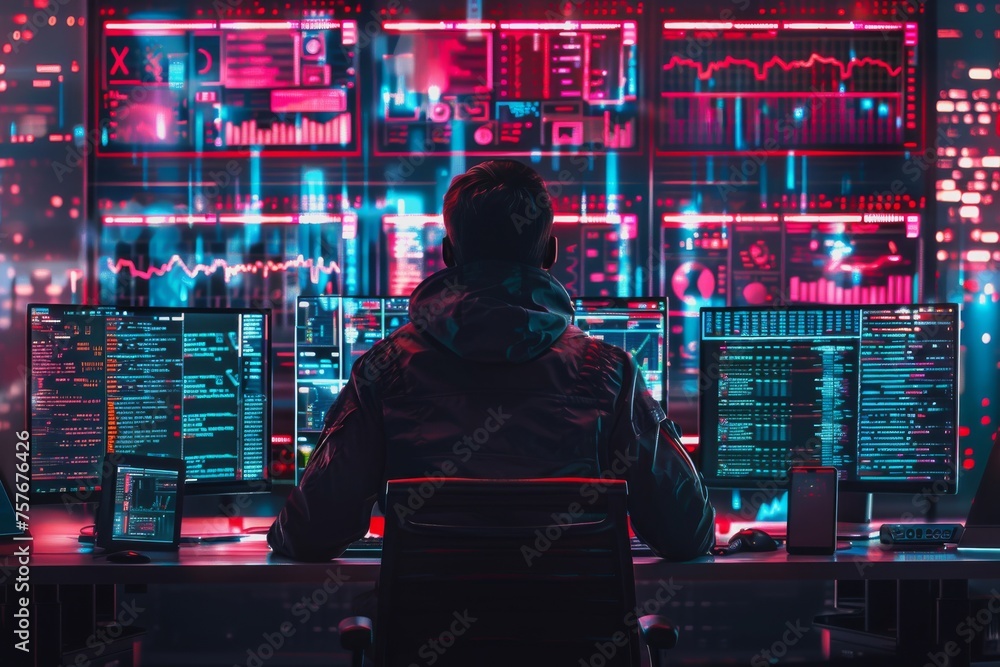 Digital Analyzing Data Center on Multiple Screens in a Modern Cybersecurity Lab Environment Digital Analyzing Data Center on Multiple Screens in a Modern Cybersecurity Lab Environment