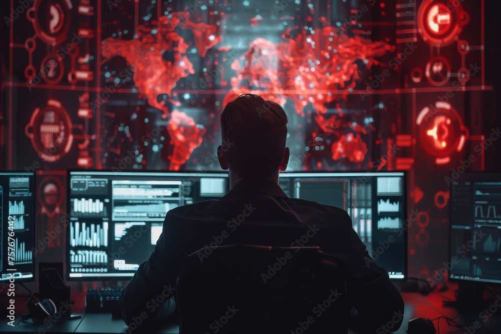 Obraz premium Digital Analyzing Data Center on Multiple Screens in a Modern Cybersecurity Lab Environment